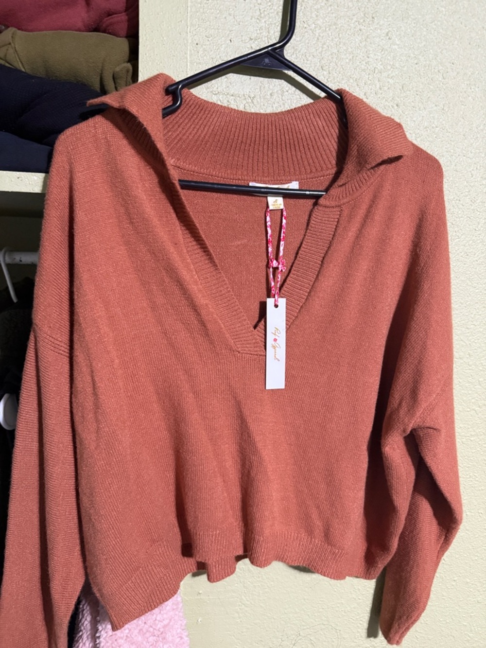 Cropped Rust Orange V-Neck Collared Women's Sweater